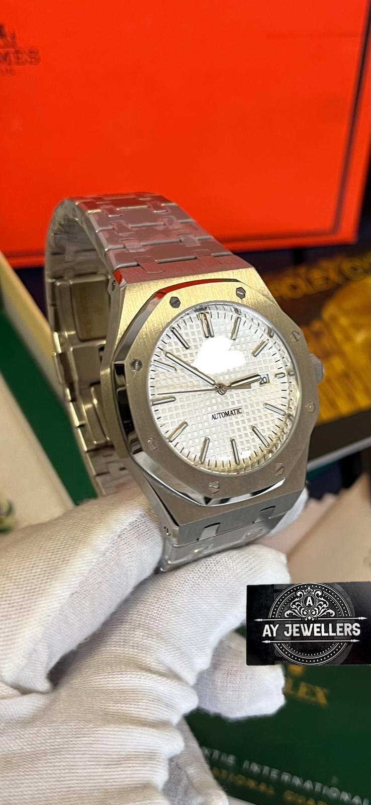 AP Oak of Royal Stainless White Open Case Back Watch Exclusive Luxury Watches Collection Sale High End Designer Timepieces  Mens  Womens